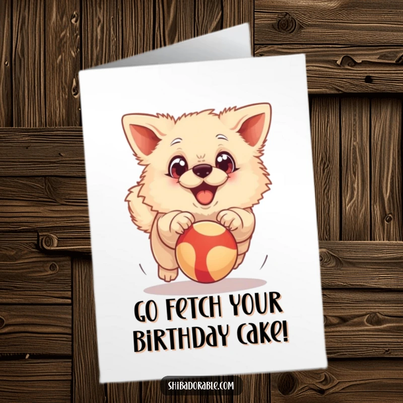 Funny Free Printable Birthday Card: Fluffy dog with huge, expressive eyes joyfully chasing a bright red bouncing ball.