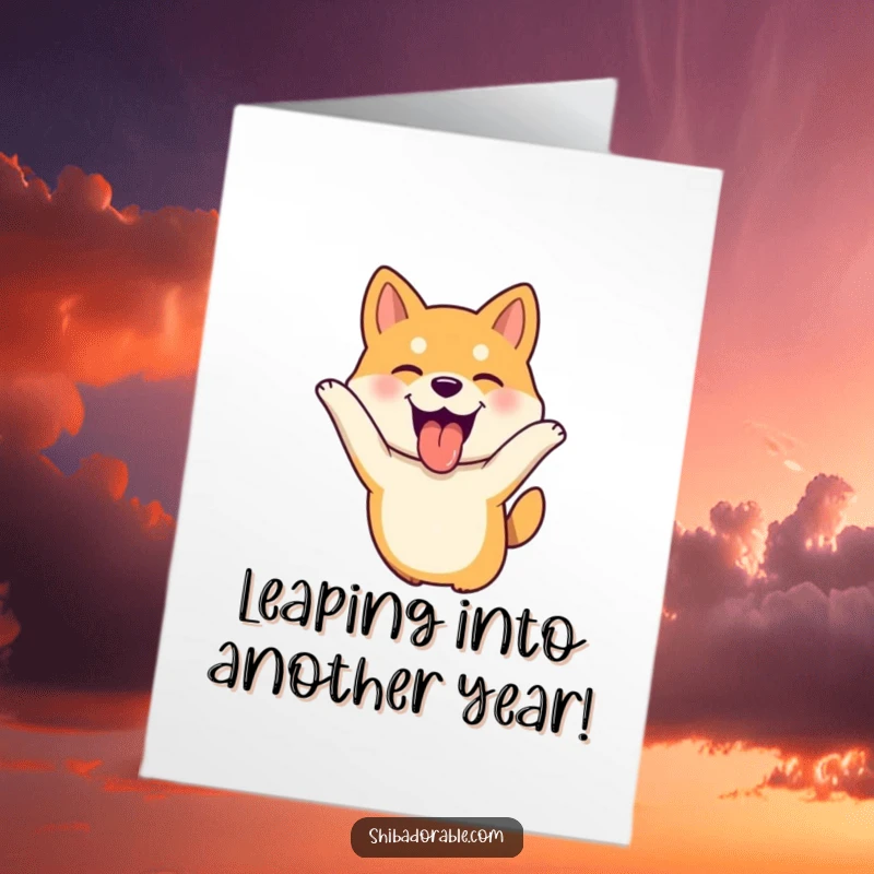 Funny Free Printable Birthday Card featuring a happy Shiba Inu dog leaping with tongue out and ears flopping joyfully.