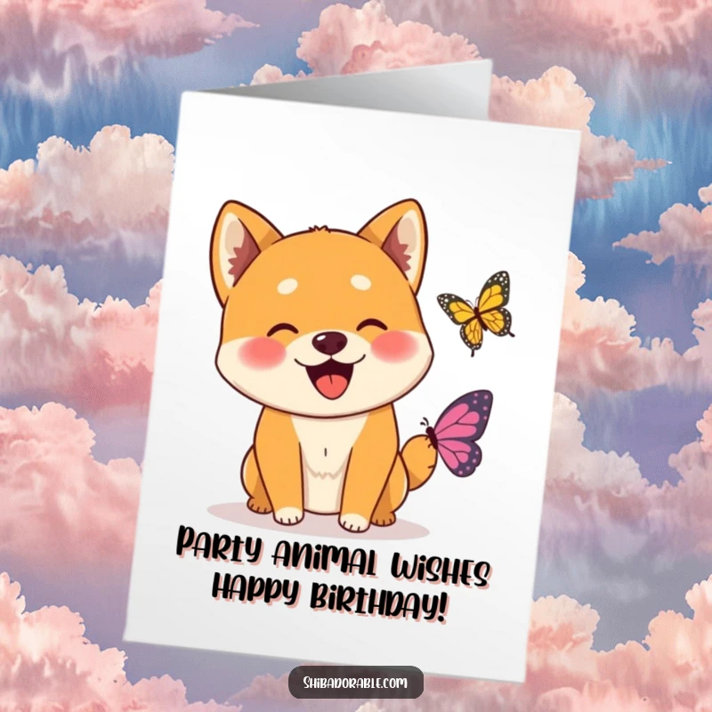 Funny Free Printable Shiba Inu Birthday Card: A joyful Shiba Inu dog wags its tail, greeting a friendly butterfly happily.