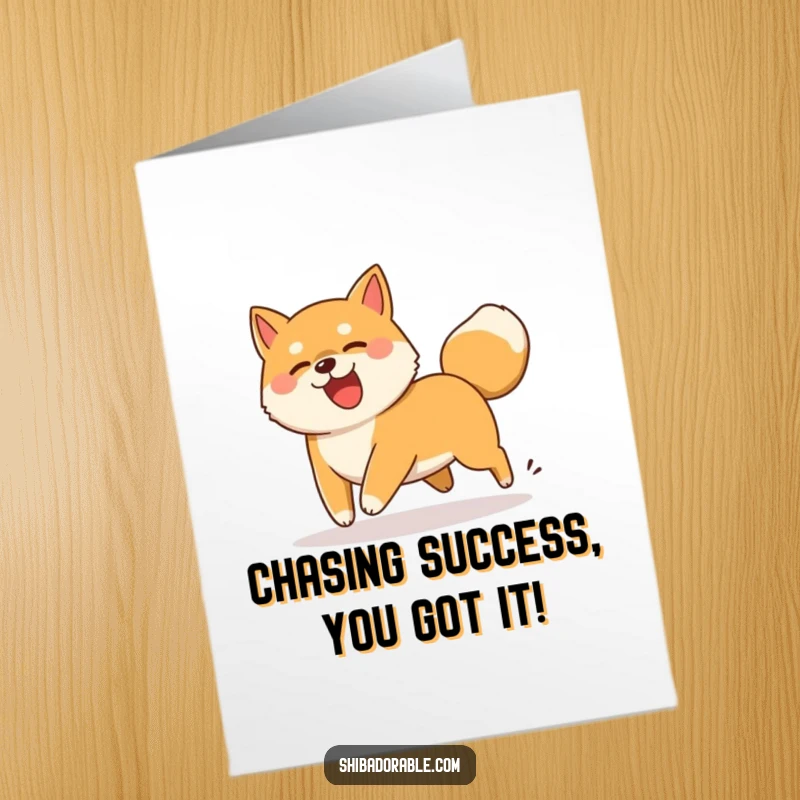 Funny Free Printable Congratulations Card featuring a Shiba Inu dog comically chasing its own spinning wagging tail.