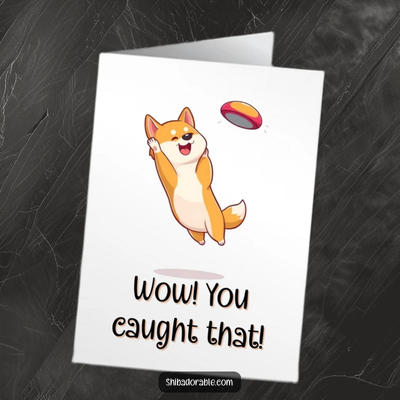 Funny Free Printable Congratulations Card: A happy Shiba Inu dog leaping to catch a bright frisbee in the air.
