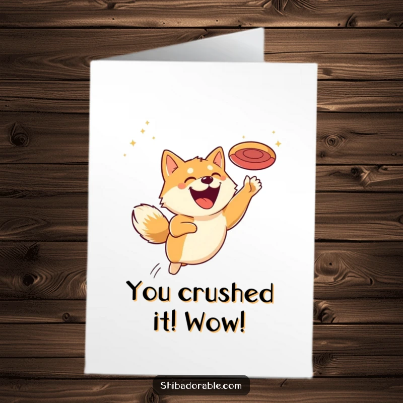 Funny Free Printable Congratulations Card: A grinning Shiba Inu soaring through the air for a flying disc, symbolizing victory.