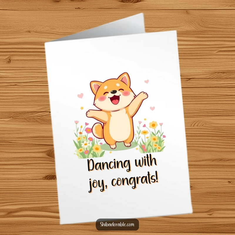Funny Free Printable Congratulations Card: A Shiba Inu performing a hilarious happy dance in a colourful field of flowers.