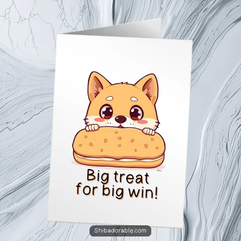 Funny Free Printable Congratulations Card showing a Shiba Inu dog with very wide surprised eyes peeking over a huge biscuit.