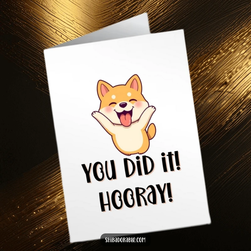 Funny Free Printable Congratulations Card showing a Shiba Inu dog in mid-leap with tongue out and ears flopping.