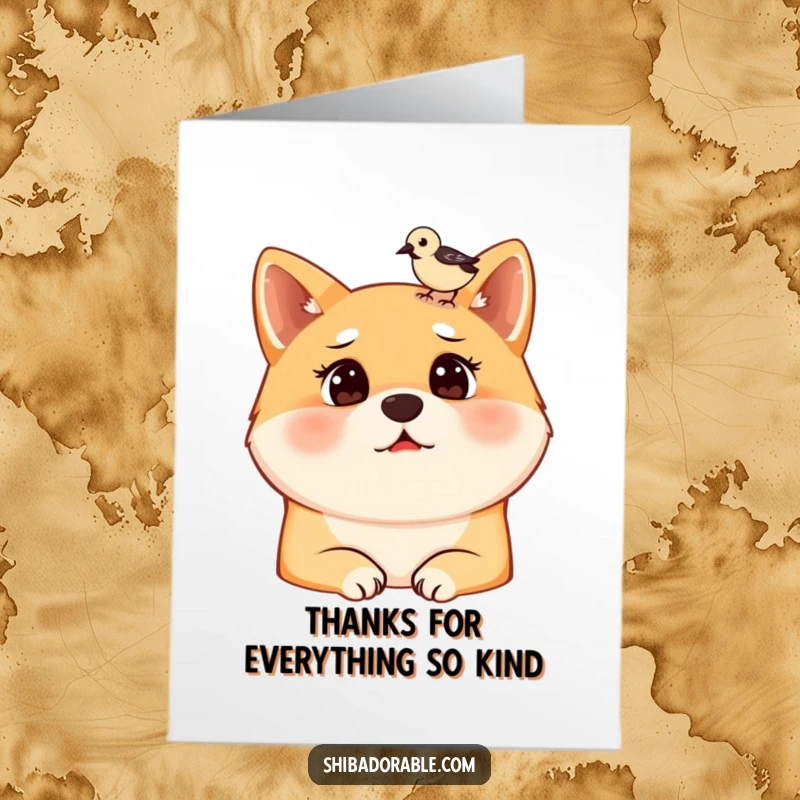 Funny Free Printable Thank You Card: Shiba Inu comically surprised by a small bird landing on its head, a thank you.