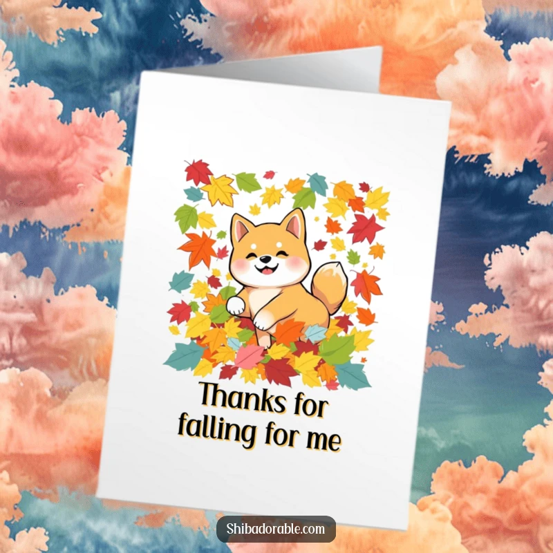 Funny Free Printable Thank You Card: Shiba Inu dog happily tumbles in a pile of colorful autumn leaves.