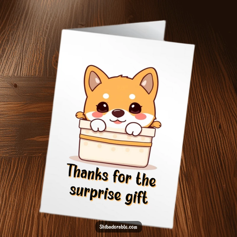 Funny Free Printable Thank You Card: A curious Shiba Inu puppy peeking over the edge of a festive gift box.
