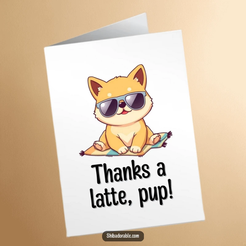 Funny Free Printable Thank You Card: Kawaii Shiba Inu puppy in sunglasses chilling on a beach towel saying thanks.