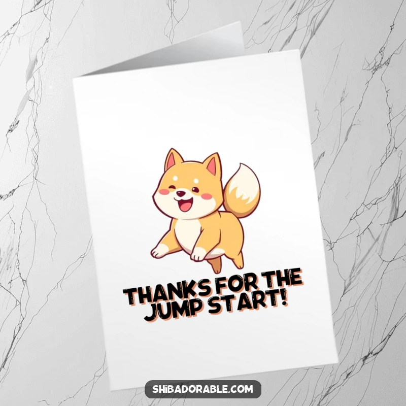 Funny Free Printable Thank You Card: A Shiba Inu puppy mid-air, tail wagging wildly, celebrating gratitude.