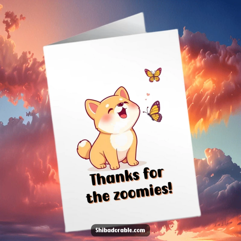Funny Free Printable Thank You Card: Kawaii Shiba Inu puppy excitedly barking at a fluttering butterfly expressing gratitude.