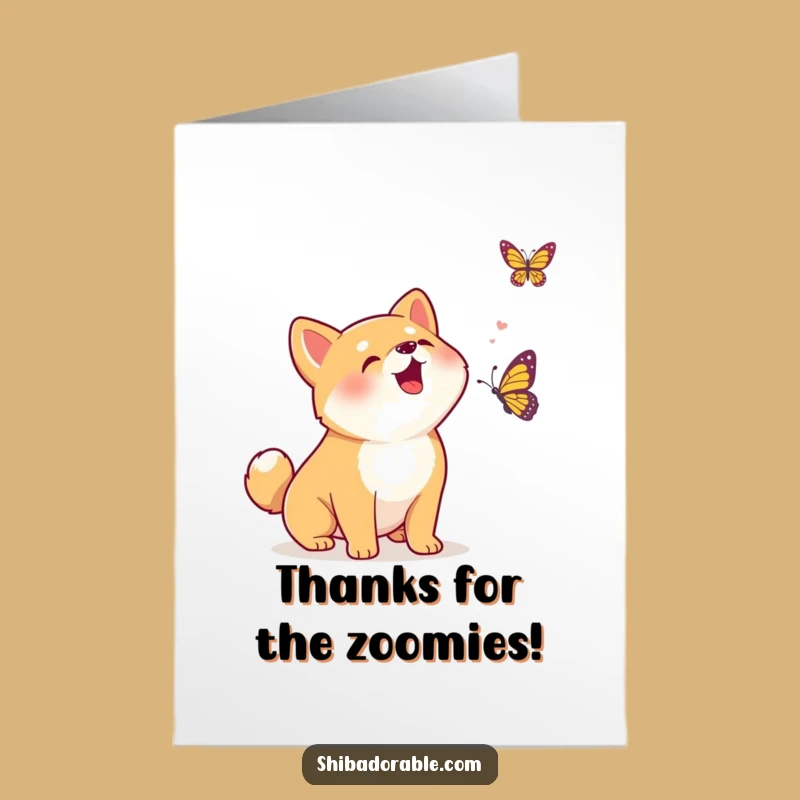 Free Printable Thank You Card: Excited Shiba, Butterfly Fun, Humorous Gift