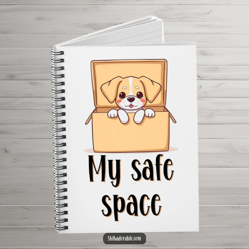 Funny dog notebook depicting a dog with floppy ears spilling out of a large open box, perfect for jotting notes with a smile.