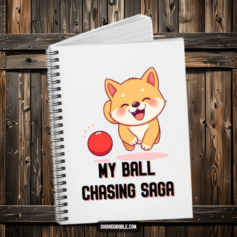 Funny Kawaii Shiba Inu puppy notebook cover, showing it joyfully chasing a bouncing red ball.