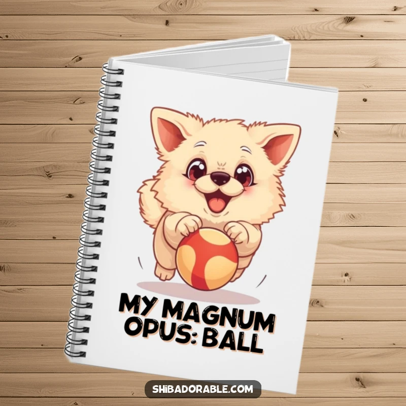 Funny Notebook: A fluffy dog with exaggerated big eyes joyfully chasing a bouncing ball, perfect for jotting down ideas.