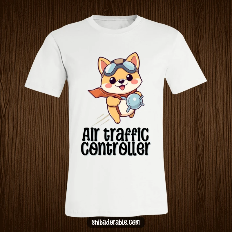 Funny Shiba Inu puppy in a miniature pilot hat, enthusiastically zooming with a propeller, ready for takeoff. A fun t-shirt.