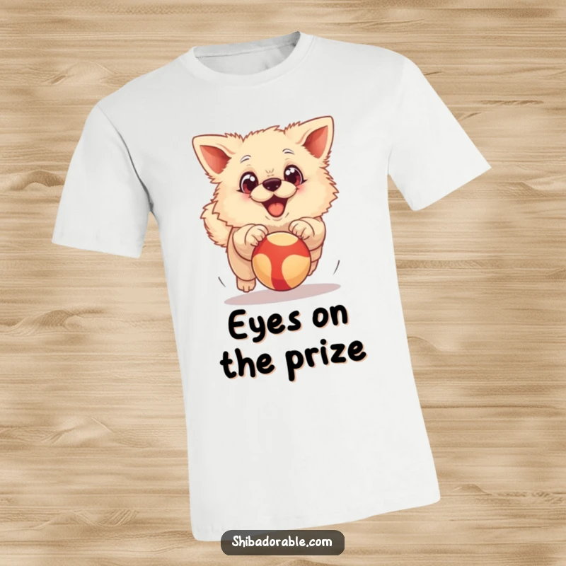 Funny T-Shirt: A fluffy dog with exaggerated big eyes joyfully chasing a bouncing ball, capturing energetic playtime.