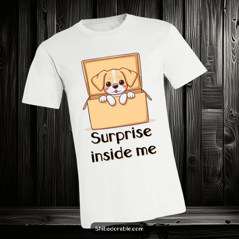 Funny dog t-shirt featuring a dog with oversized, floppy ears spilling out of a large, open box, embodying playful chaos.