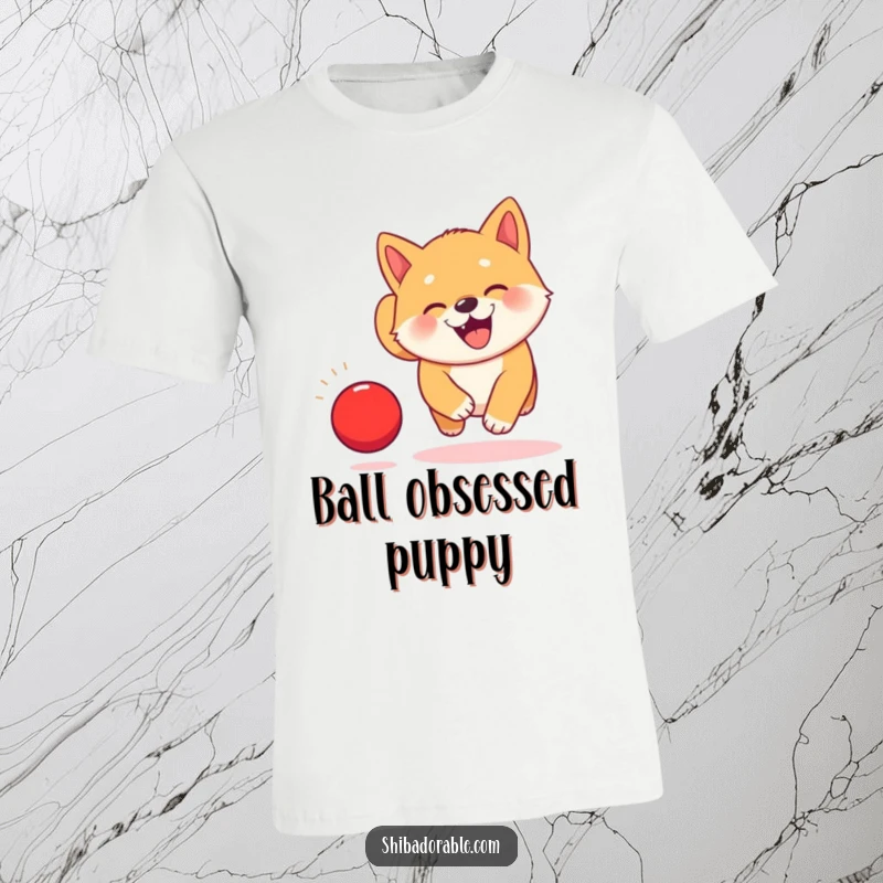 Funny Kawaii Shiba Inu puppy t-shirt, illustrated joyfully chasing a bouncing red ball with big, cute eyes and a wagging tail.