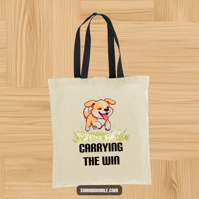 Funny dog tote bag showing a dog in full race mode, legs kicking, tongue panting, speeding across a grassy expanse.