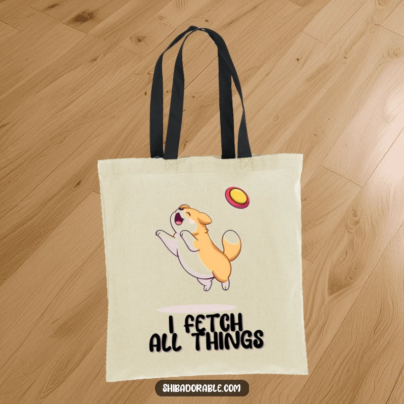 Funny dog tote bag showcasing a plump dog's triumphant frisbee catch, a symbol of canine athleticism and pure fetch excitement.