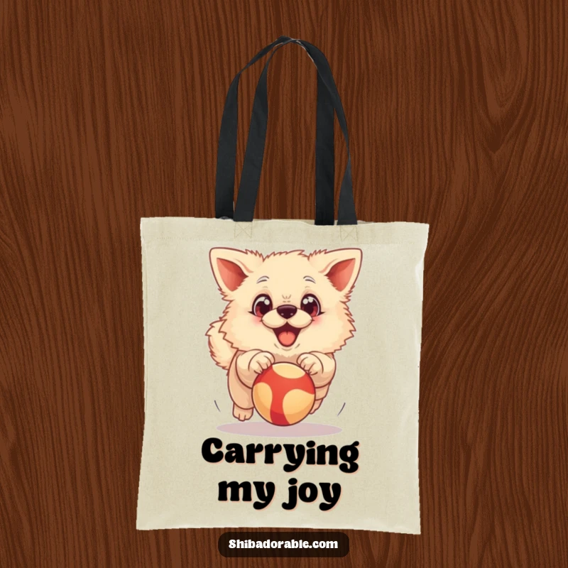 Funny Tote Bag: A fluffy dog with exaggerated big eyes joyfully chasing a bouncing ball, perfect for carrying daily items.