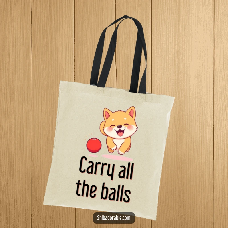 Funny Kawaii Shiba Inu puppy tote bag, illustrated joyfully chasing a bright red ball with a very happy expression.