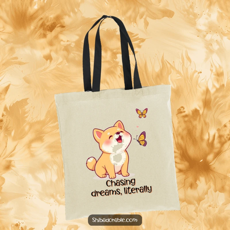Funny Kawaii Shiba Inu puppy excitedly barking at a butterfly, a durable tote bag showcasing pure canine joy and playful spirit.