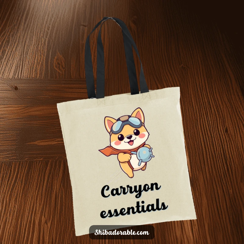Funny Shiba Inu puppy in a small pilot hat, zooming with a propeller, ready for flight. A functional tote bag.
